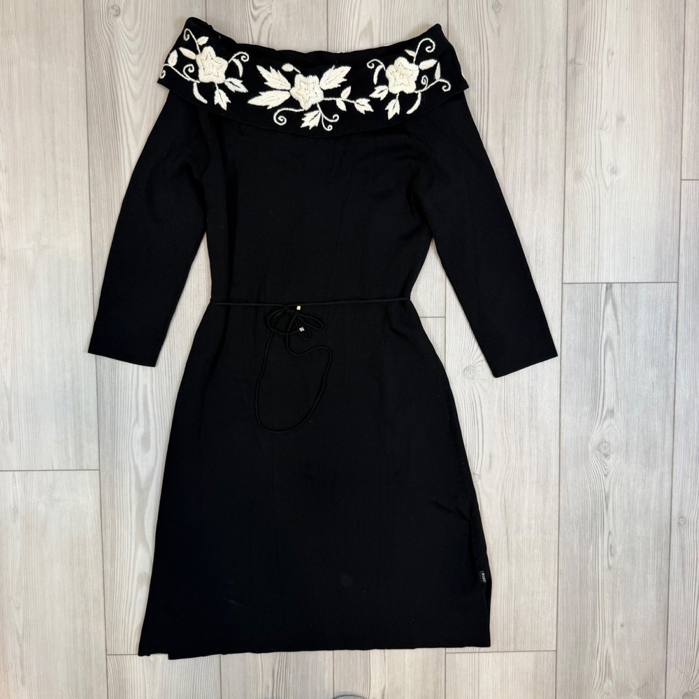 BCBGMAXAZRIA Black Off Shoulder Embroidered Floral Knit Dress XL BC04705-S